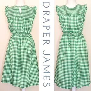 Drapper James Green Gingham Check Dress Smocked Top Belted Sz L